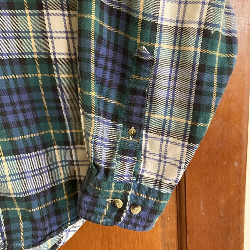 Vintage Lands End Mens L 16-16.5  Regular Cotton Blue Plaid Button Down Shirt